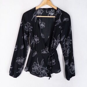 Forever 21 Wrap Top Womens Small Black Floral Long Sleeve V-Neck Peplum Feminine